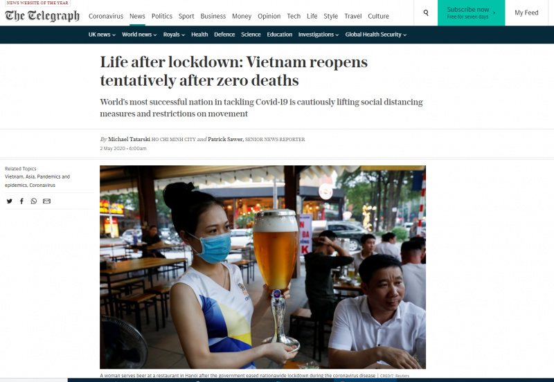 Telegraph reported Vietnam is the world's most successful national in tackling COVID-19. Screenshot photo